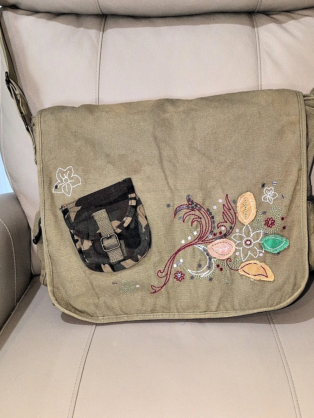Embroidered Camo Shoulder (Messenger) in Green & Brown With Callout